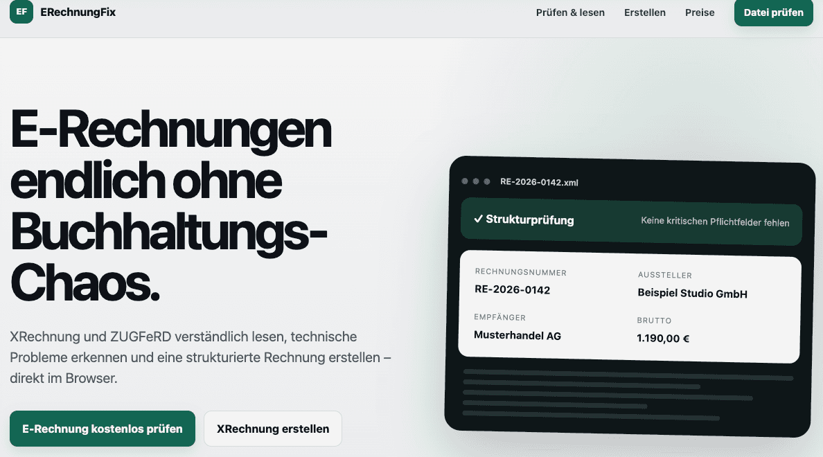 Screenshot of ERechnungFix E-Invoicing SaaS